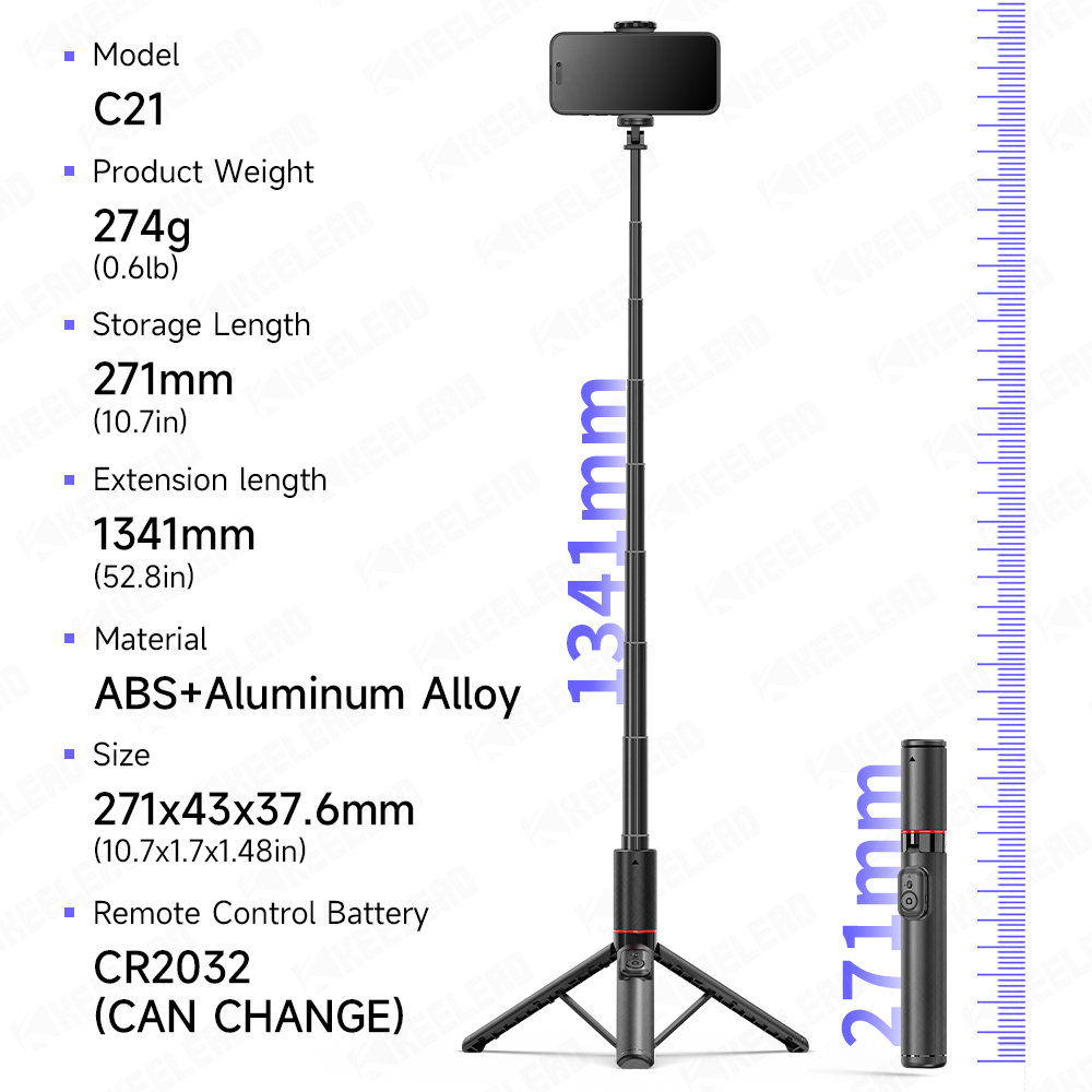 KEELEAD Statief Uitschuifbare paal Draagbare Selfie Stick Telefoonstandaard voor mobiele telefoons 360° ° Rotatie-opname vlog met afstandsbediening