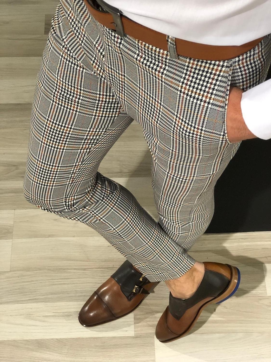 Mænd vintage plaid jakkesæt bukser formel kjole business casual slim fit bukser bryllupsfest formel klassiske ternede jakkesæt bukser