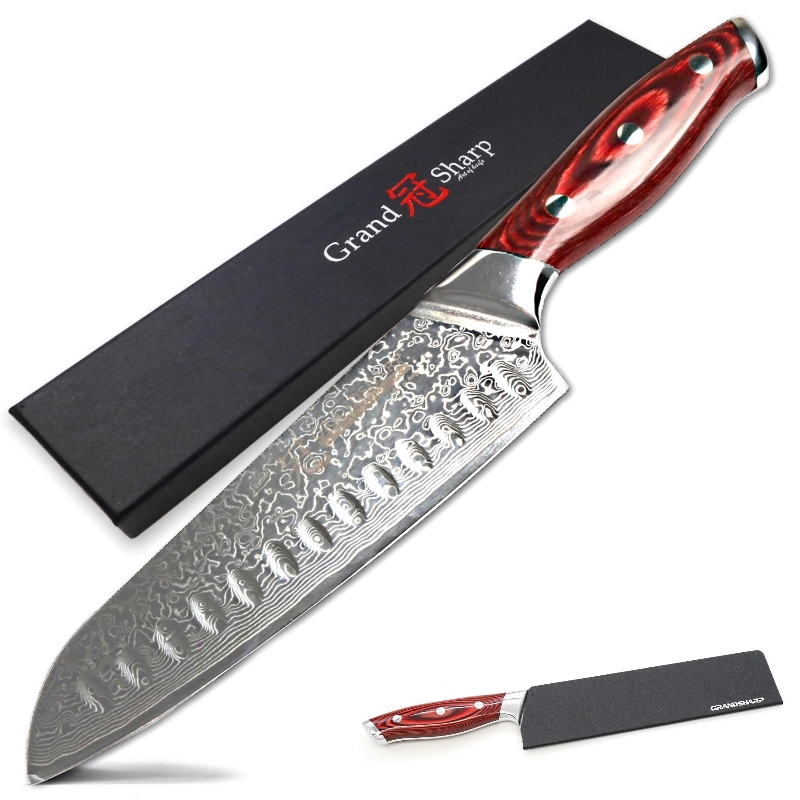 3 Stuk Koksmes Set Japanse Keukenmessen Santoku Utility Koken Butcher Gereedschap 67 Lagen Damascus Staal Rood Hout handvat: Santoku large