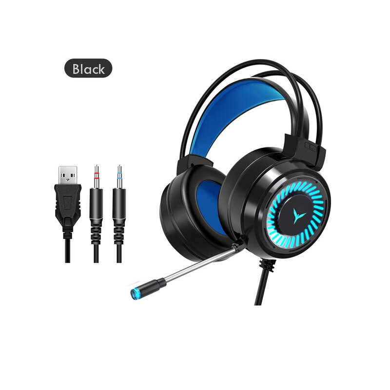 Gaming-headset mit surround-sound, stereo-kabel, usb-mikrofon, farbiger beleuchtung, pc- und laptop-gaming-headset mit geräuschunterdrückung: Schwarz