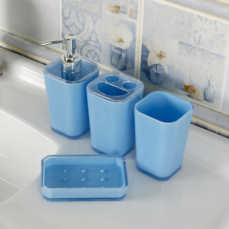 Bathroom Accessories 4Pcs/Set Bathroom Gadgets Soap Dispenser Cup Soap Dish Toothbrush Holder: sky blue