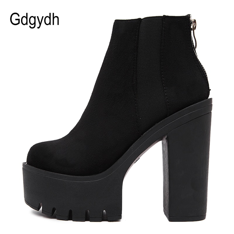 Gdgydh Mode Zwarte Enkellaars Voor Vrouwen Dikke Hakken Lente Herfst Flock Platform Schoenen Hoge Hakken Zwarte Rits Dames Laarzen