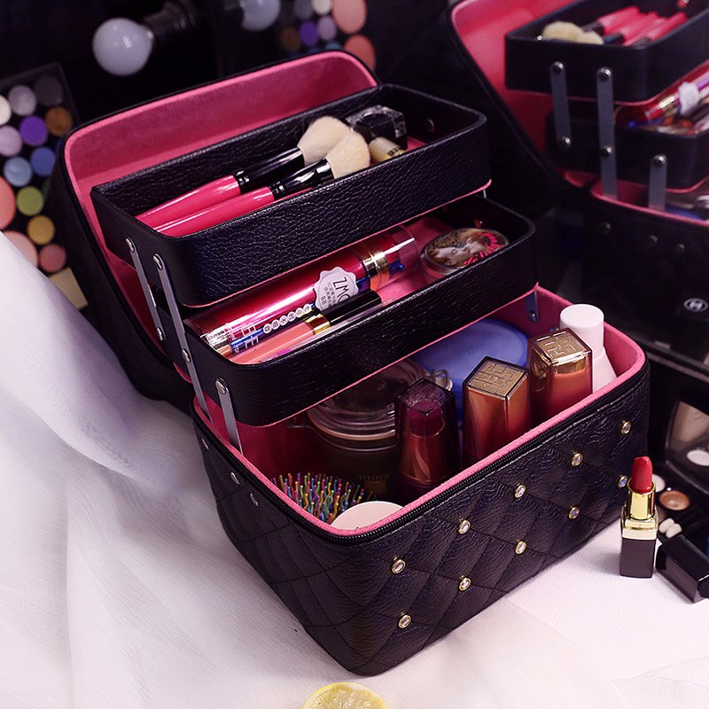 Makeup taske dejlig kosmetisk æske kvinder afslappet folde lag rejse opbevaring kuffert stor kapacitet kuffert: Sort 3 lag