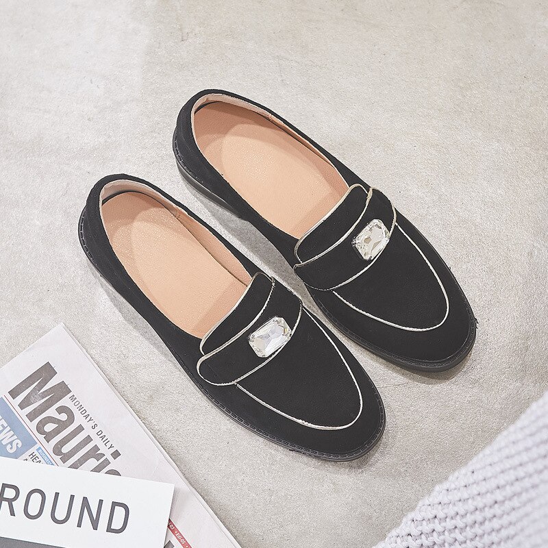 Kjente skinnbånd flate sko dame/jente butikk rhinestone loafers alle-kamp leiligheter semsket skinn brogues calzado mujer