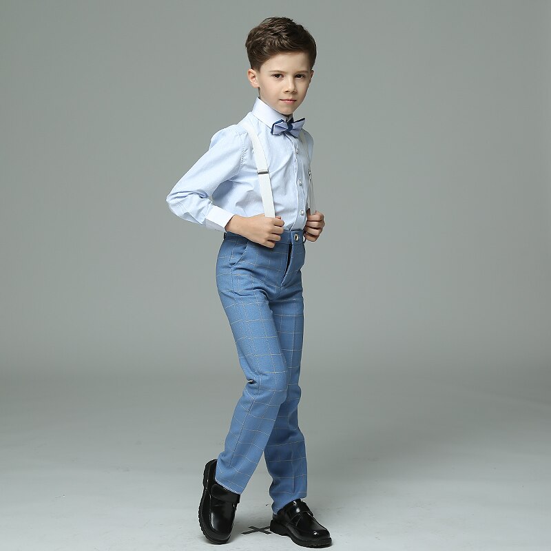 nuevos trajes de niños a cuadros azul claro chaleco establece trajes de boda para niños esmoquin ropa de boda para chicos terno meninos: strap pants set / 4 años