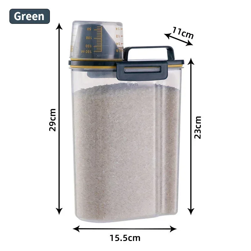 Suministros de cocina, Cubo de almacenamiento de alimentos, tanque de almacenamiento portátil a prueba de humedad de 1,5/2kg con taza a escala, cubo para alimentos, contenedor de plástico: Gris claro