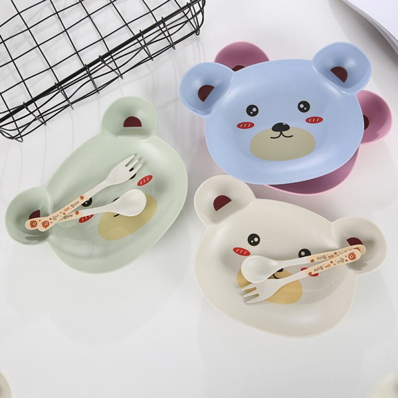 3 Stks/set Milieuvriendelijke Bamboe Fiber Baby Gerechten Animal Bear Servies Set Voor Kids Peuter Servies Voeden Vork Lepel Plaat