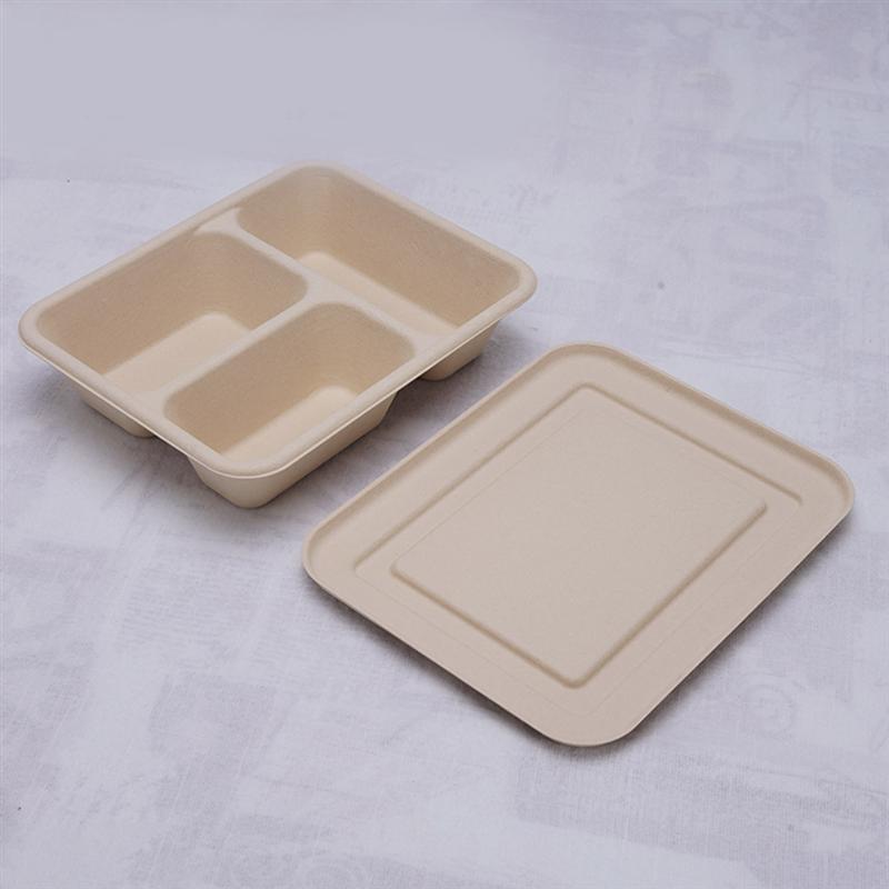 5PCS 800ML Three-Grid Food Containers Disposable Pulp Lunch Box Biodegradable Takeout Box Eco-Friendly Doggy Boxes With Lid