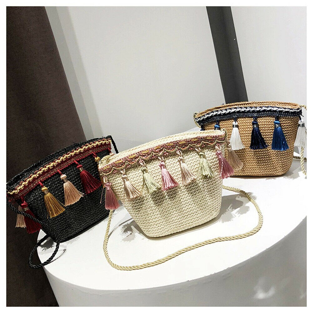 Newest Summer Women Fringed Ethnic Wind Woven Straw Weave Handbag Shoulder Messenger Bags Satchel Tote Purse Tassel Bag