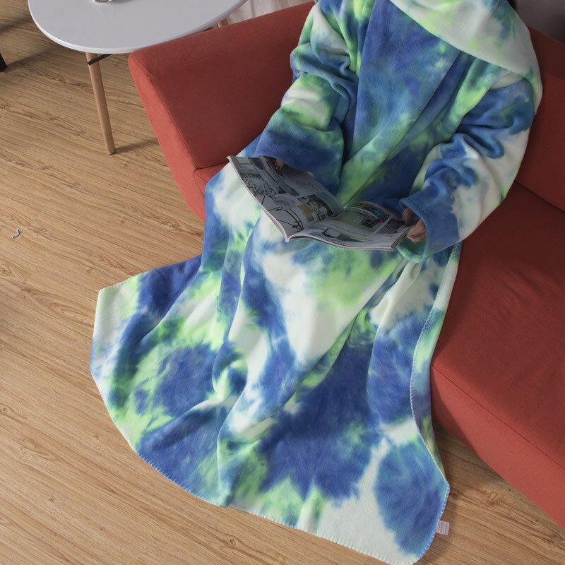 Manta suave para adultos, manta acogedora de mangas usables para el hogar, Unisex, sofá de viaje, mantas de siesta, toalla suave, tapiz para cama: Tie Dye Blue Green