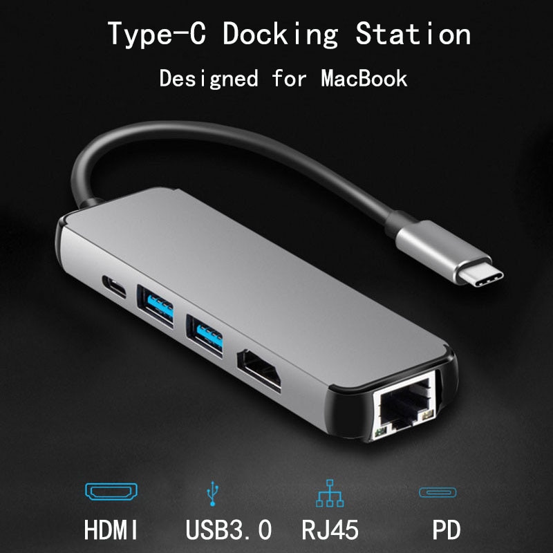 Estación de acoplamiento para ordenador portátil, USB 3,0, HDMI, RJ45, Gigabit, PD, Fealushon, para MacBook, Samsung Galaxy S9 /S8 / S8 +, tipo C