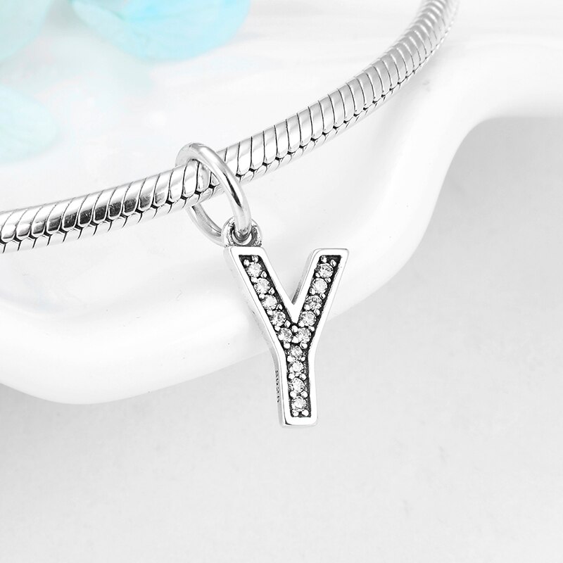 Real 925 Sterling Silver Letter beads Alphabet Y Clear CZ charms pendants fit Original Kataoka Charms Bracelet Jewelry making