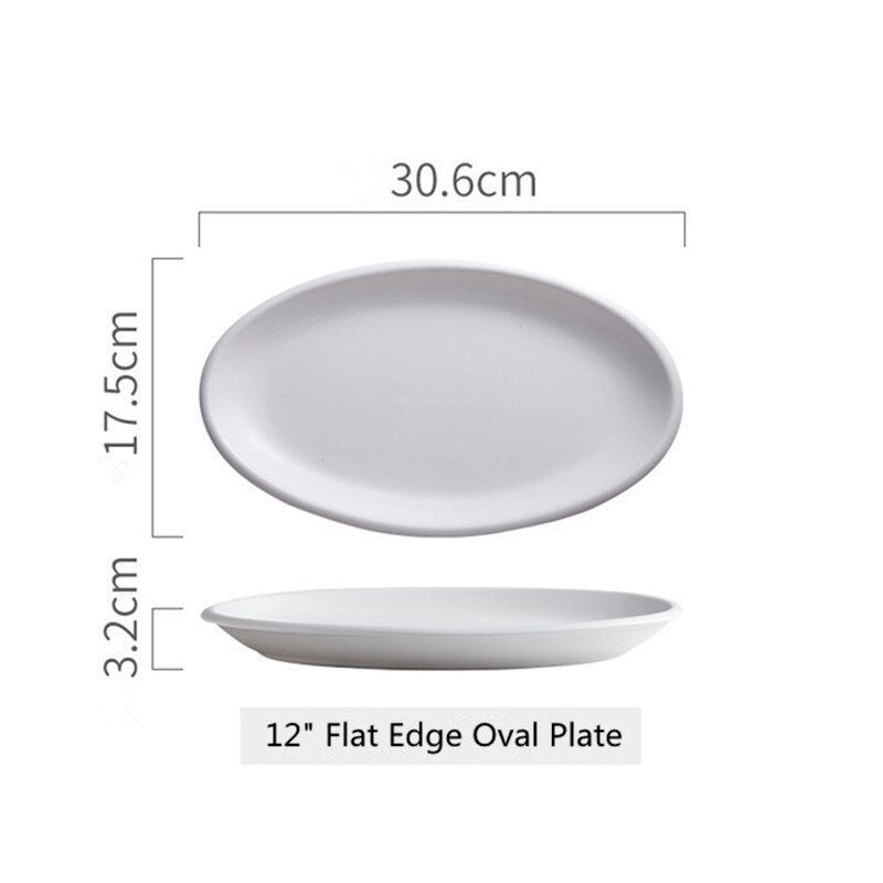 Nordic 12 inch flat side oval ceramic plate hotel home salad steak pasta kitchen kitchen utensils: White