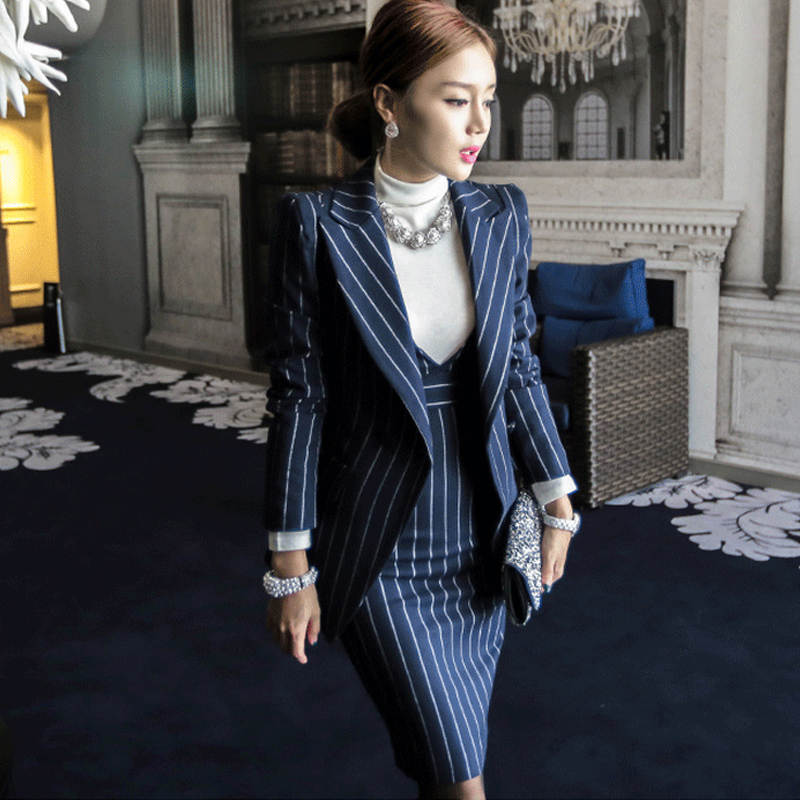 Mozuleva kvinnor randig kontors dam klänning kostym 2 tvådelad uppsatt hackad jacka blazer + mantel klänningar femme: Blå / Xl
