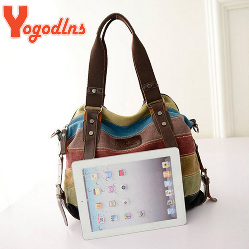Yogodlns Canvas Bakken Gestreepte Dameshandtas Patchwork Regenboog Schoudertas Mode Vrouwelijke Casual Crossbody Tas Sac a Main