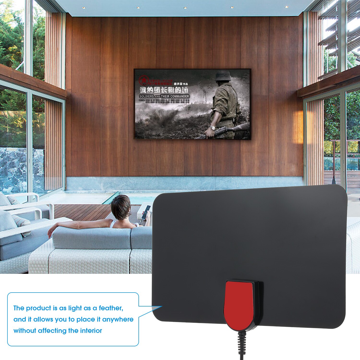 Indoor Digital TV Antenna HD Signal Flat Panel UHF FM HDTV Antenna Signal Receiver Black Home Digital TV Antenna