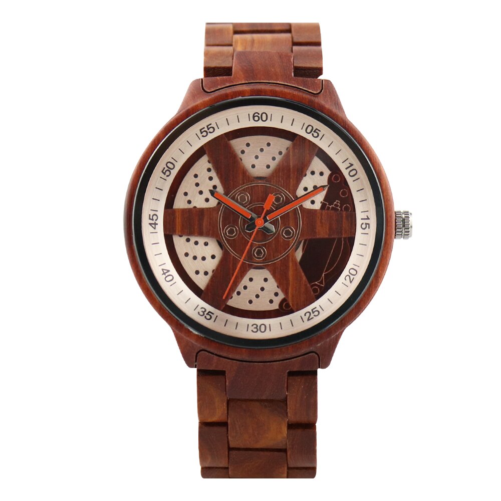 Heren Horloge Unieke Wiel Hub Precieze Schaal Rode Houten Horloge Verstelbare Houten Band Horloge Quartz Polshorloge Relojes Hombre: red wood