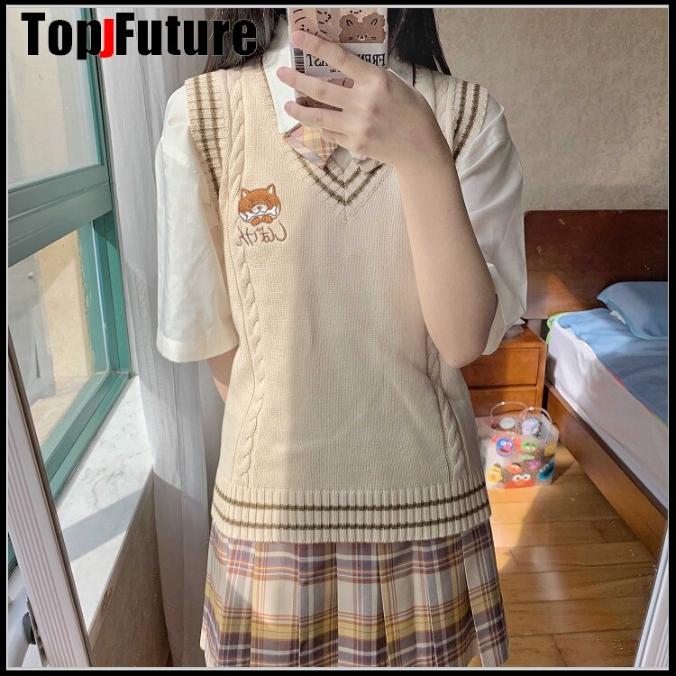 Shiba inu japansk jentestrikket vestversatile genser skoleuniform cardigans jk uniform beige naken hund broderigenser