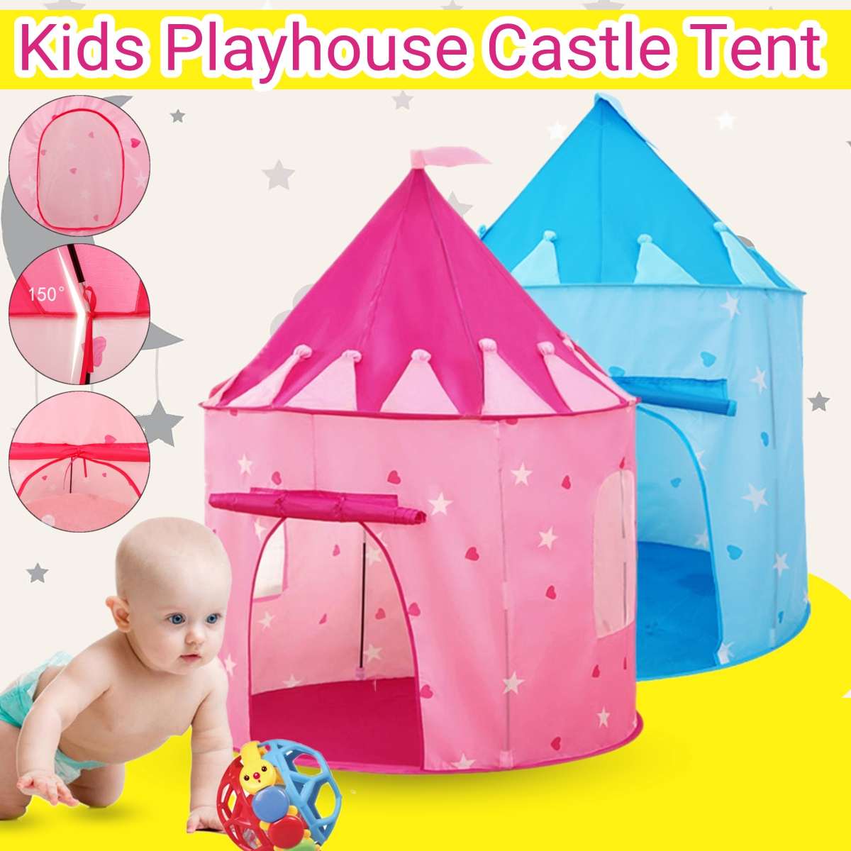 Pink/Blue Castle Tent Kids Boys Girls Children Funny Play Portable Princess Prince House Fairy Home Playhouse 120cm*90cm*70cm