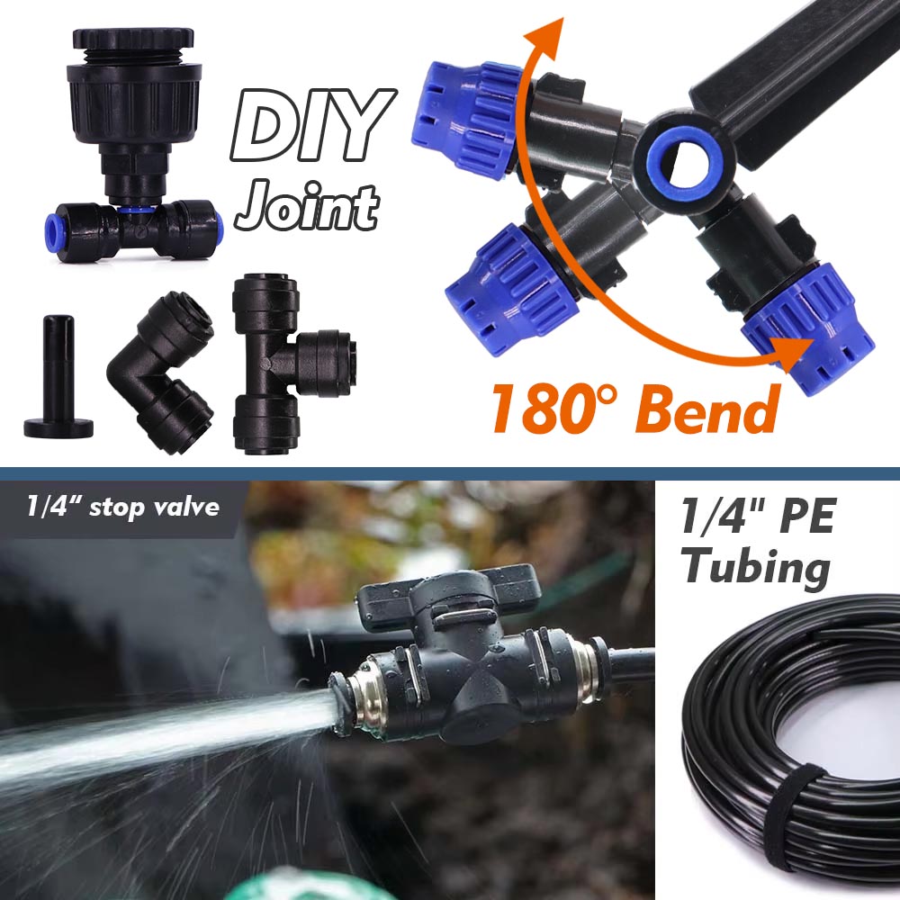 1/4" Tuinirrigatiebesproeiingssysteem Druppelaar met 8 gaten 180 ° Bend Verstelbare Sprinkler Quick Push Slip Lock Outdoor Drip Sproeiers