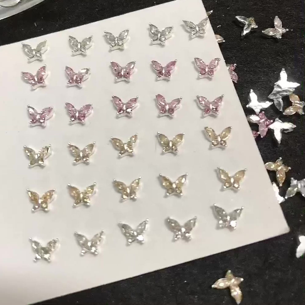 10 Stück Mini 4*5mm Kristall Schmetterling Nagel Kunst Reize 3D Diamant Schmuck Teile Rosa Klar Metall Manikübetreffend Dekoration Strass Edelsteine