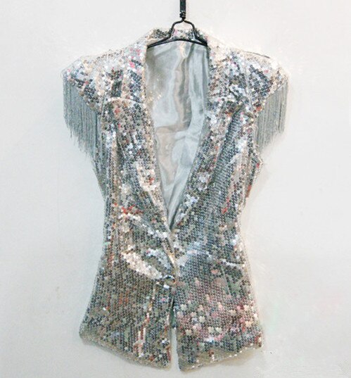 Weiblich männlich silber Gold pailletten weste jacke sänger leistung Ds blei tänzerin kleidung quaste Jazz tänzerin kostüm oben: Silber- / L