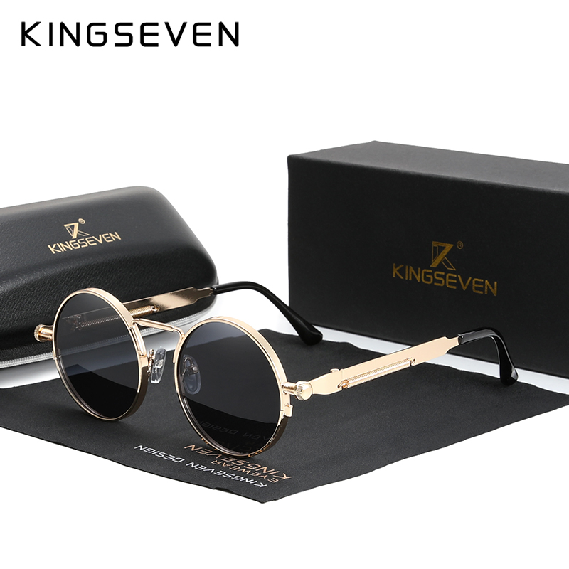 KINGSEVEN Gothic Steampunk Sunglasses Polarized Men Women Brand Vintage Round Metal Frame Sun Glasses: Gold