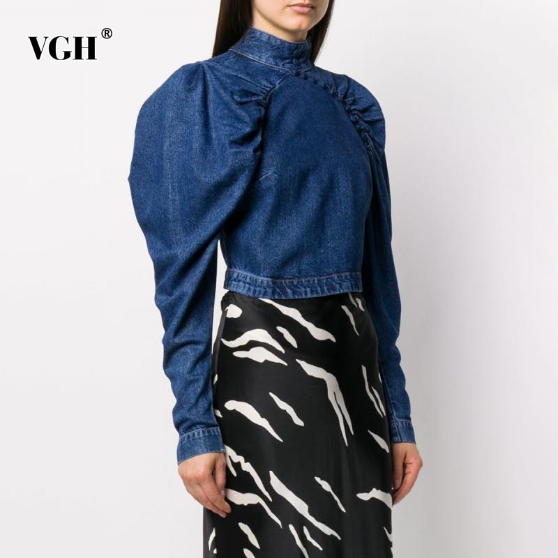 VGH-Camisa vaquera corta informal para mujer, blusa minimalista lisa con manga abombada y cuello levantado, Ropa nueva de para otoño