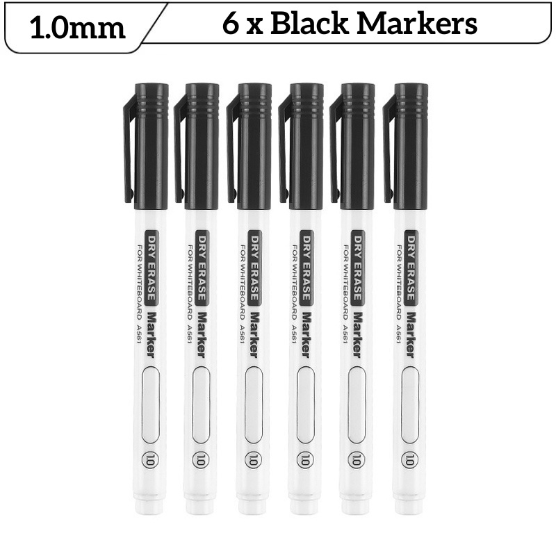 6 Stuks Fijne Tip Droog Wissen Markers Set 0.5/0.7/1.0mm Dunne Whiteboard Pennen Zwart Blauw Rood uitwisbare Markers voor Onderwijs Kantoor: Marineblauw