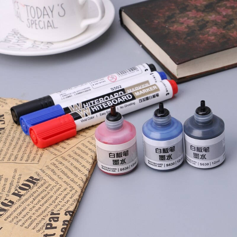 12ml Refill Inkt Voor Bijvullen Inkt Whiteboard Marker Pen Zwart Rood Blauw 3 Kleuren