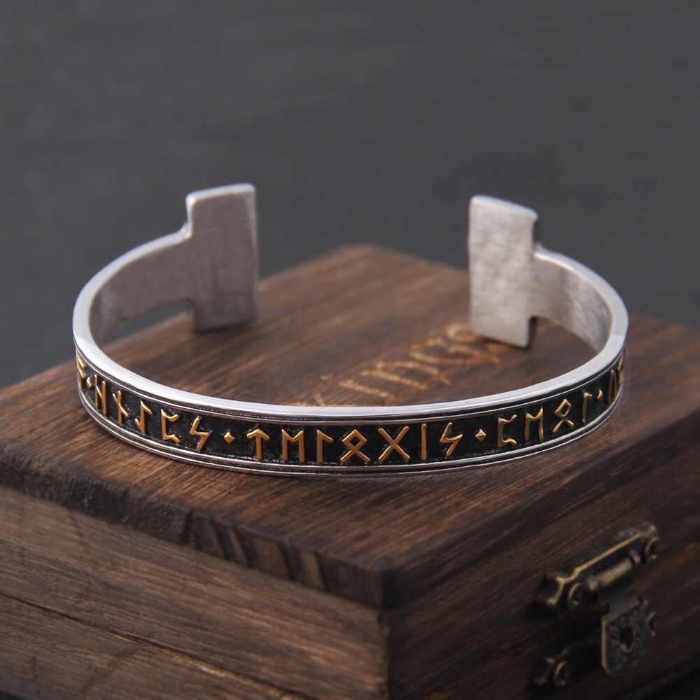 1pc Stainless Steel Men&#39;s Handmade Nordic Rune Bangle Viking Never Fade with wooden box as