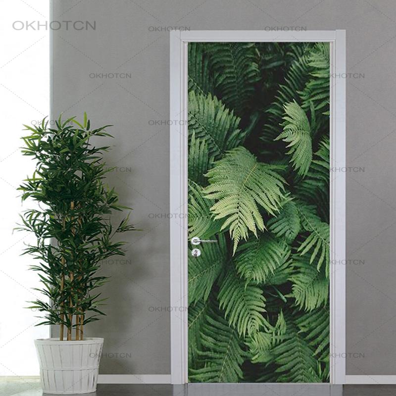 PVC Self-adhesive Door Sticker Plant Leaf Wallpaper Door Decal Green Modern Living Room Bedroom Home Decoration 3D