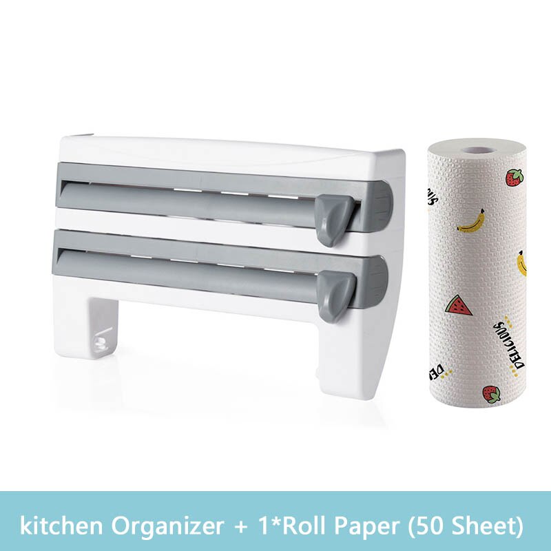 Organizer for Kitchen 4 in1 Wall-Mount Paper Towel Holder Sauce Bottle Storage Film Cutter Tin Foil Rack Kitchen Organization: Grey-Roll paperper