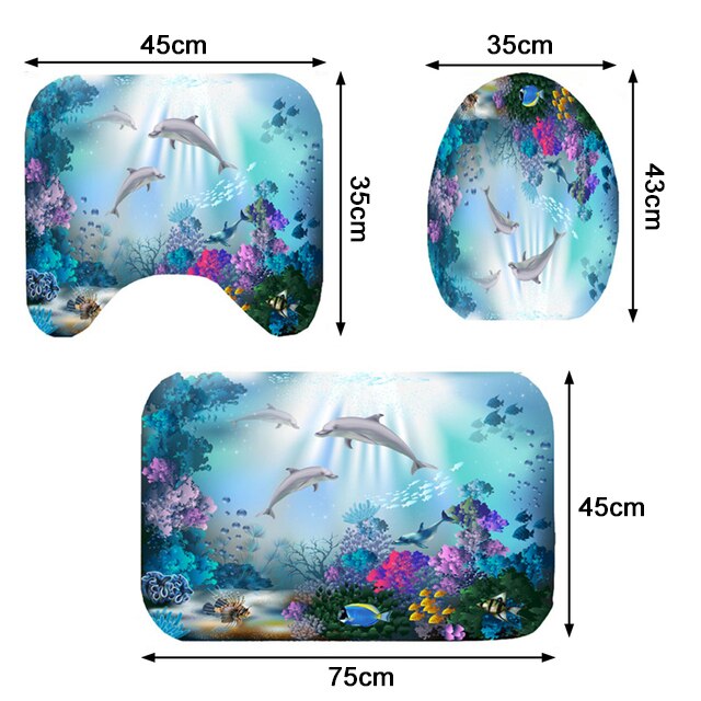 Ocean Dolphin Toilet Seat Waterproof Shower Curtain Set Toilet Cover Non-Slip Comfortable Bathroom Mat Bath Decoration: B-3pcs Set