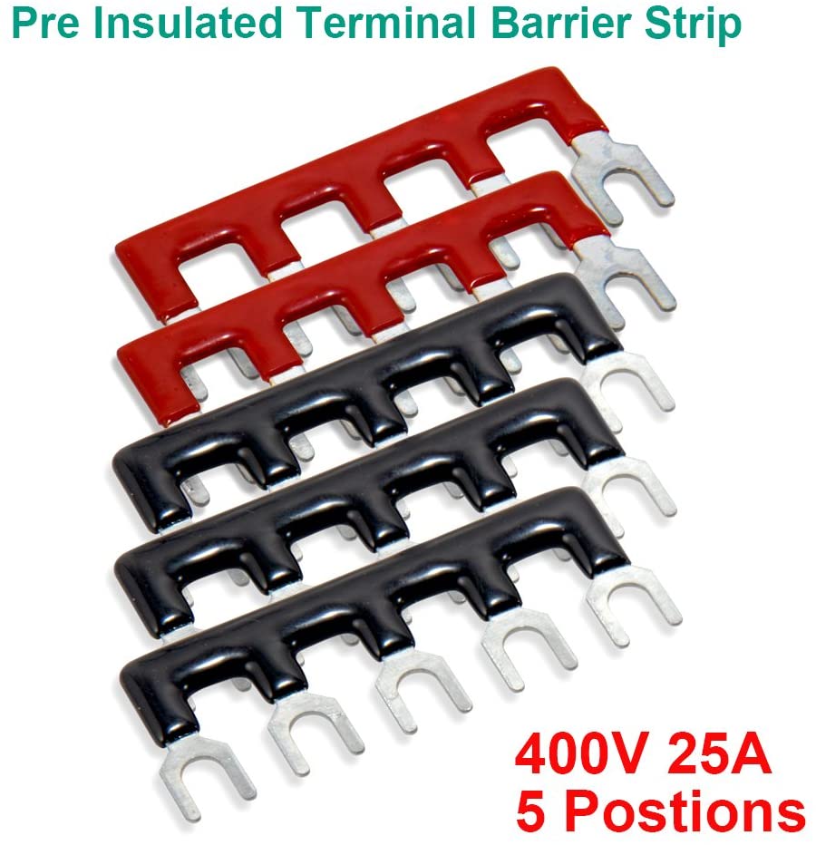 600V 25A double-row Screw Terminal Block with cover + 400V 25A pre-insulated terminal, Barrier Strip (black/red)