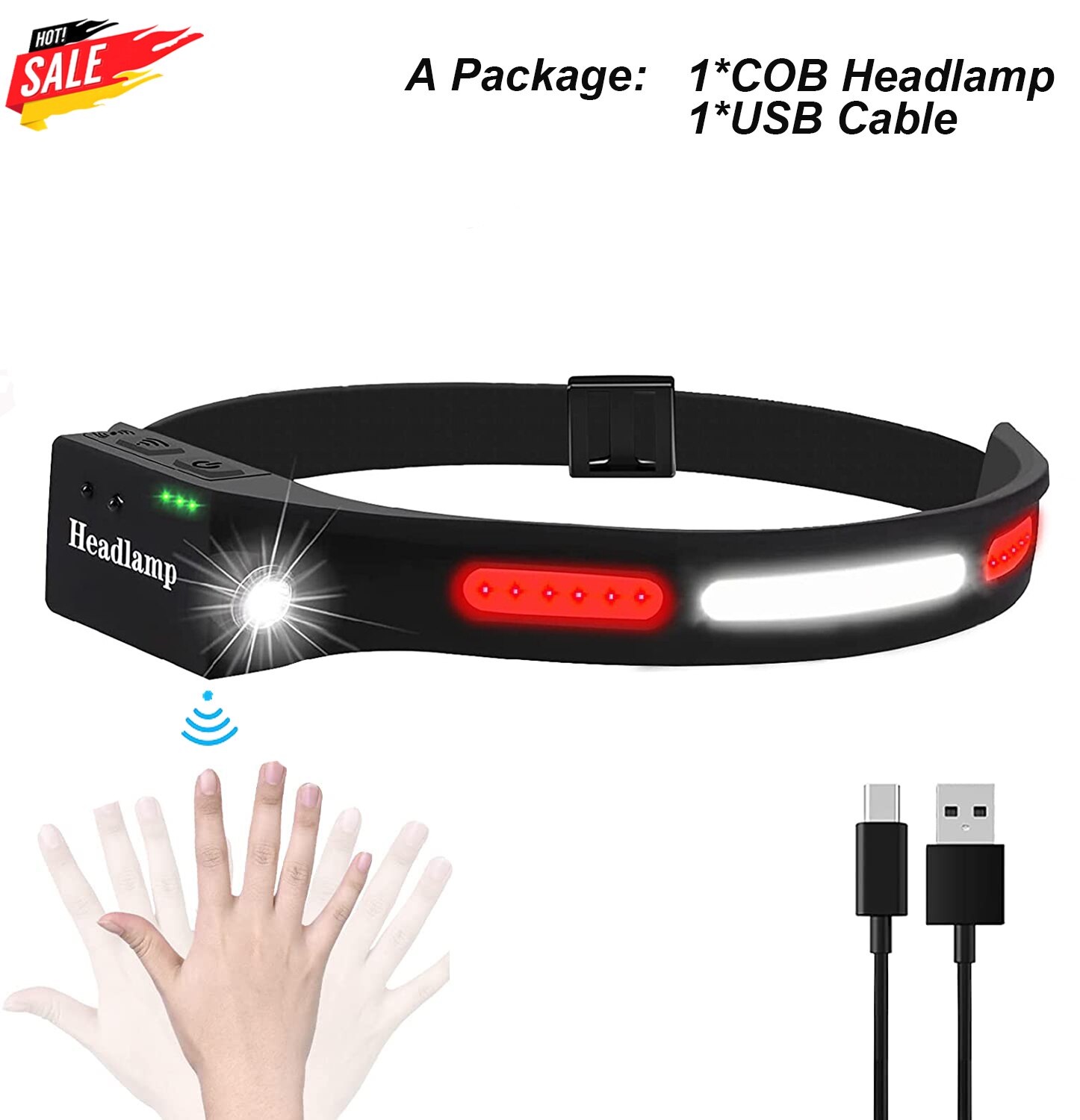 COB LED Headlamp USB Rechargeable Headlamp with Red light for Car 5 Models: A Type / UK