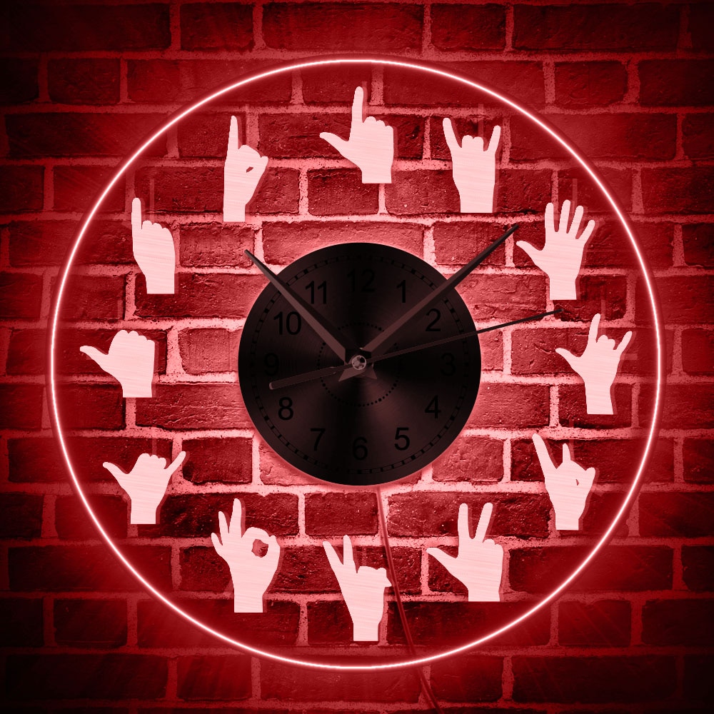 Hand Signs LED Neon Wall Clock Acrylic LED Edge Lit Hanging Wall Watch Hand Gestures Vintage Illuminated Wall Clock