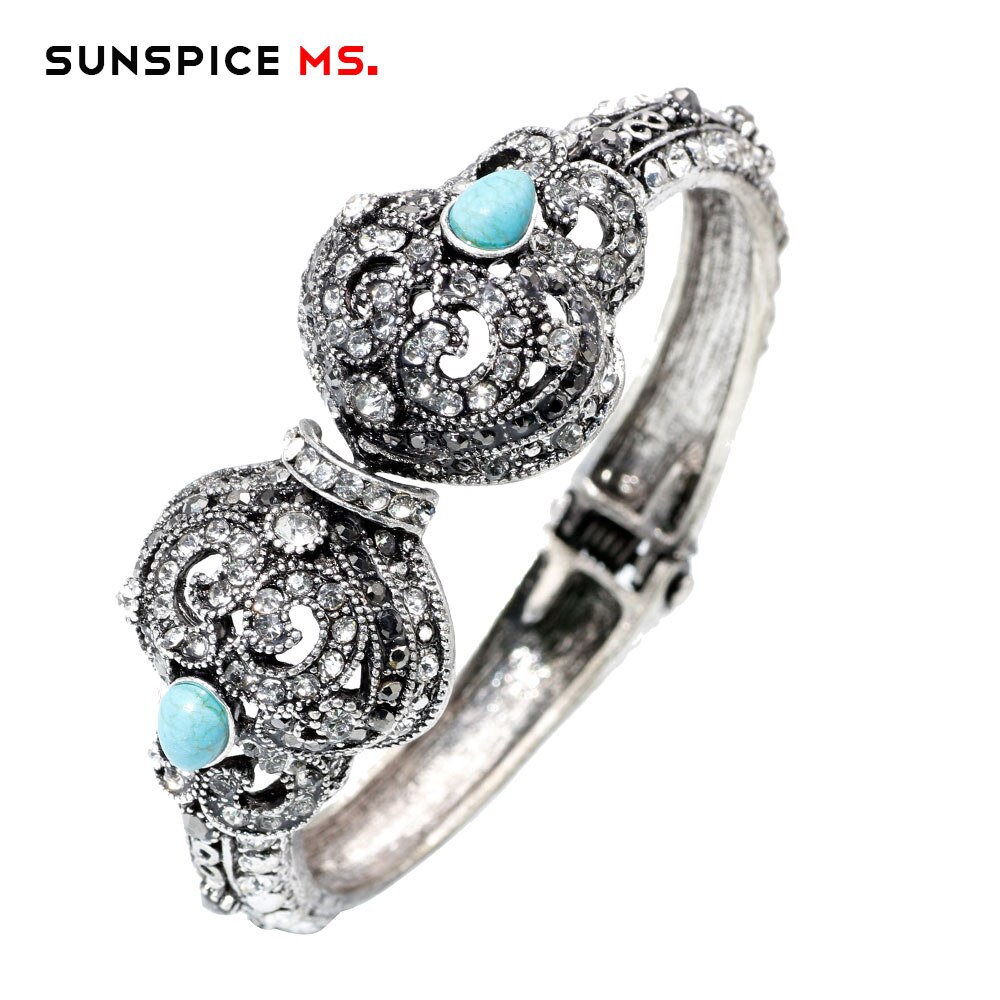 SUNSPICE-MS Retro Argento Colore Turco Braccialetto Del Fiore Per Le Donne Da Sposa Etnico Dei Monili Del Rhinestone Dell&#39;annata Indiana Del Polsino Del Braccialetto: ll1522