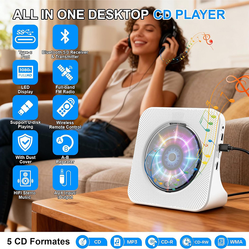 Rechargeable CD Player Bluetooth Speaker Stereo with Infrared Remote Control AUX USB FM Radio Support CD/CD-R/CD-RW Music Player