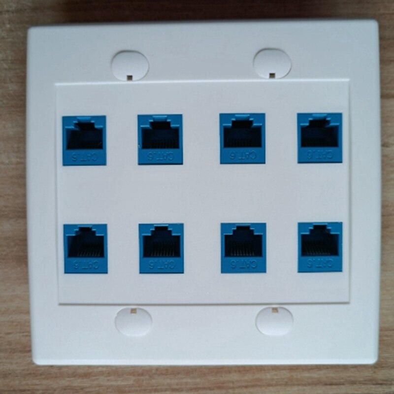 Ethernet Wall Plate 8 Port - Double Gang Cat6 RJ45 Keystone Jack Network Cable Faceplate Female to Female - Blue