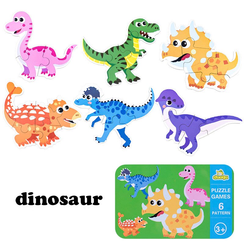 Montessori Baby Toy Card Puzzles Early Learning Educational Toy Cartoon Traffic Animal Fruit With Iron Box Kids Cognitive Puzzle: Dinosaur family