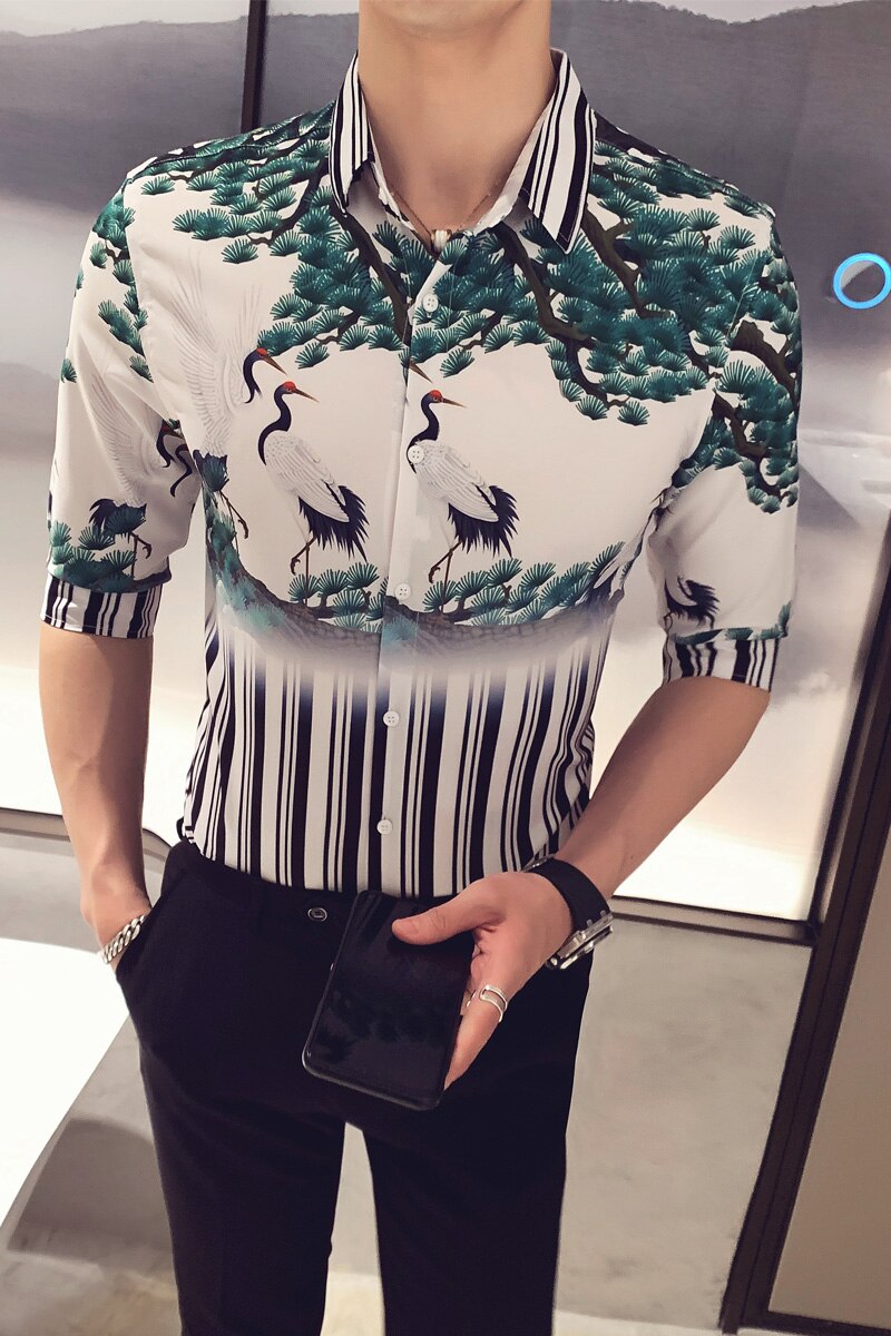 Skjorta herr sommar personlighet tryckta kortärmade skjortor män casual plus size strand hawaiisk kort skjorta