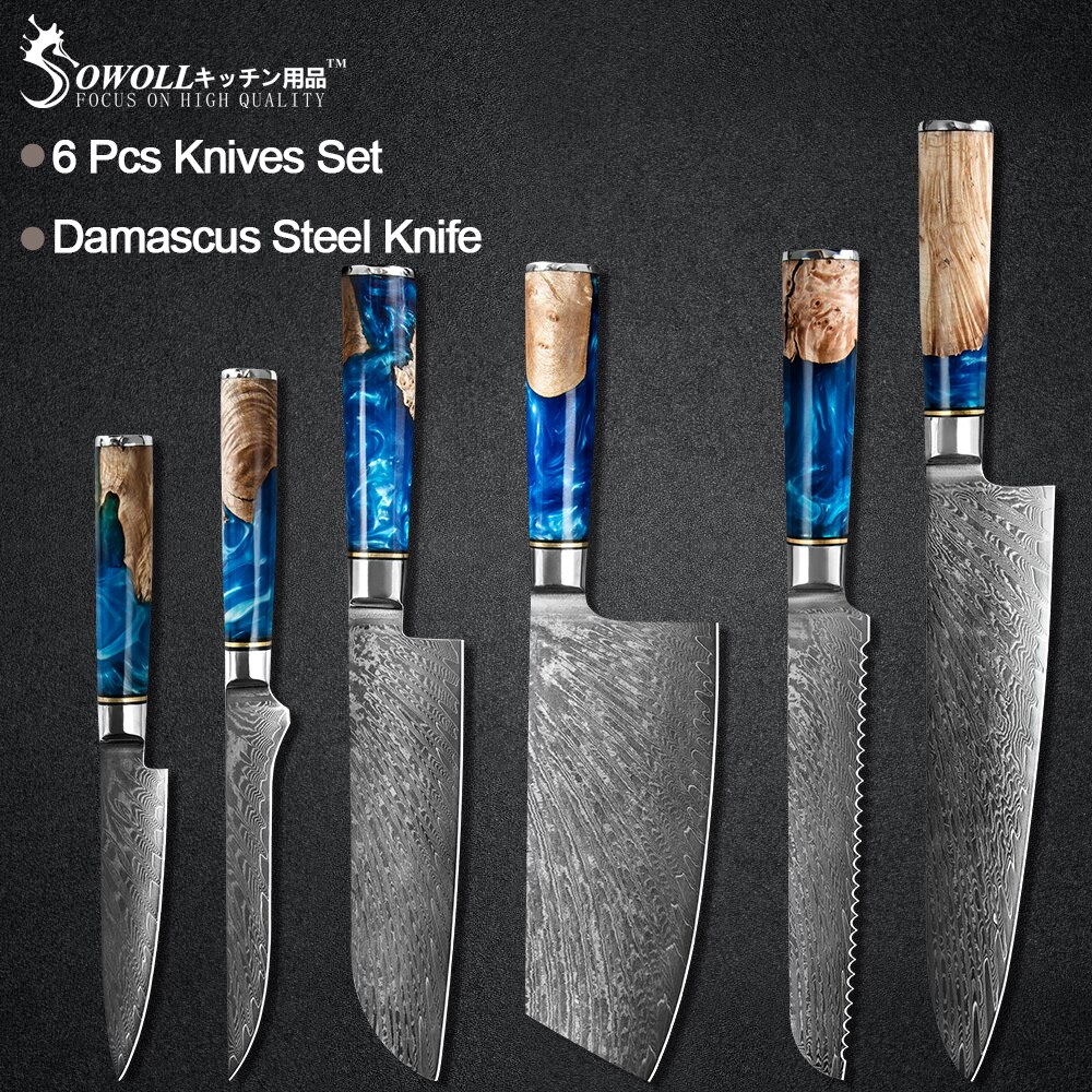 Sowoll 8 stk damaskus stål kokkeknive sæt skarp kniv kniv ægte damaskus knive madlavning køkken gadget værktøjssæt