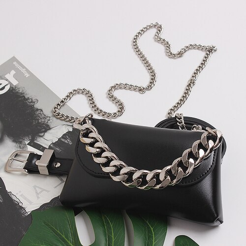 PU taille Packs femmes blanc cuir synthétique polyuréthane noir taille ceinture téléphone sac maquillage portefeuille Double large chaîne sac de messager: Black
