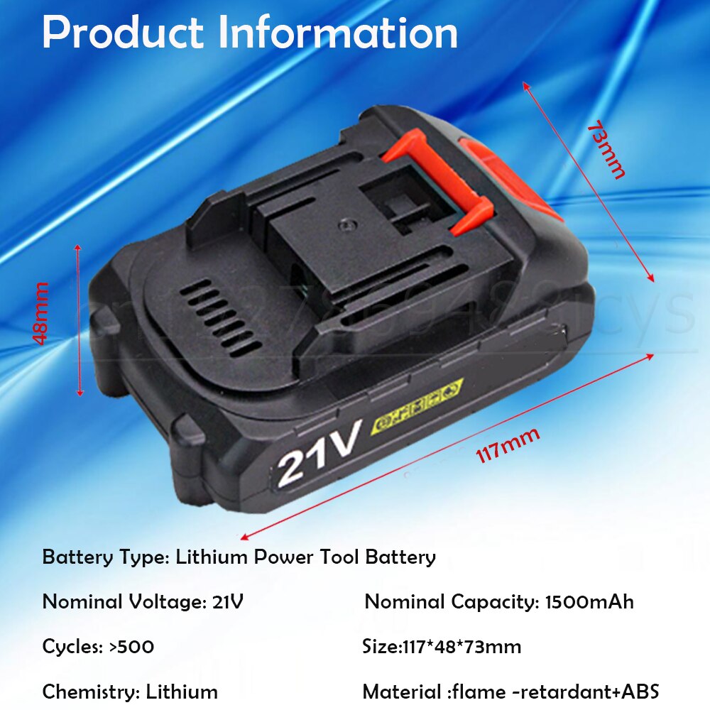 21v 1500 mah elektrisk borr li-ion litium uppladdningsbara batterier för sladdlös skruvmejsel handborr tillbehör för elverktyg