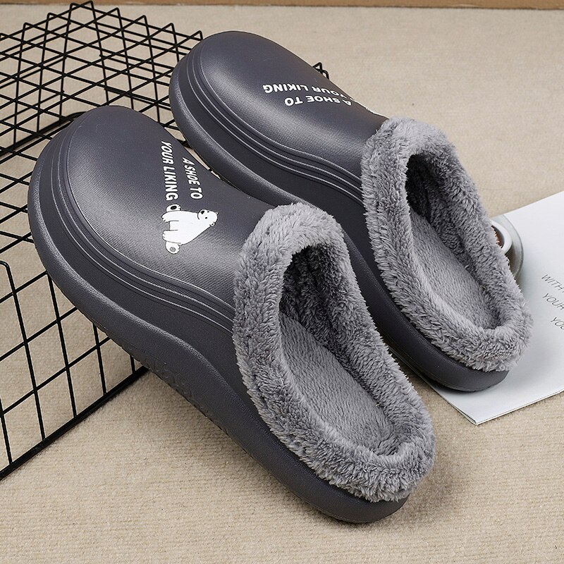 Zuecos de casa de invierno para hombre, zapatillas de levantar con impresiones, Forro cálido de felpa, zapatos impermeables para casa, zuecos cálidos de ,: Grey / 43