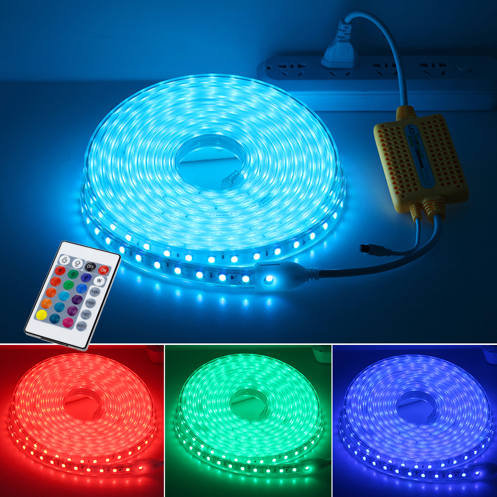 220V RGB LED Strip SMD5050 with IR Remote Controller IP67 Waterproof Outdoor Use Flexible LED Light Strip RGB 1m - 15m Set