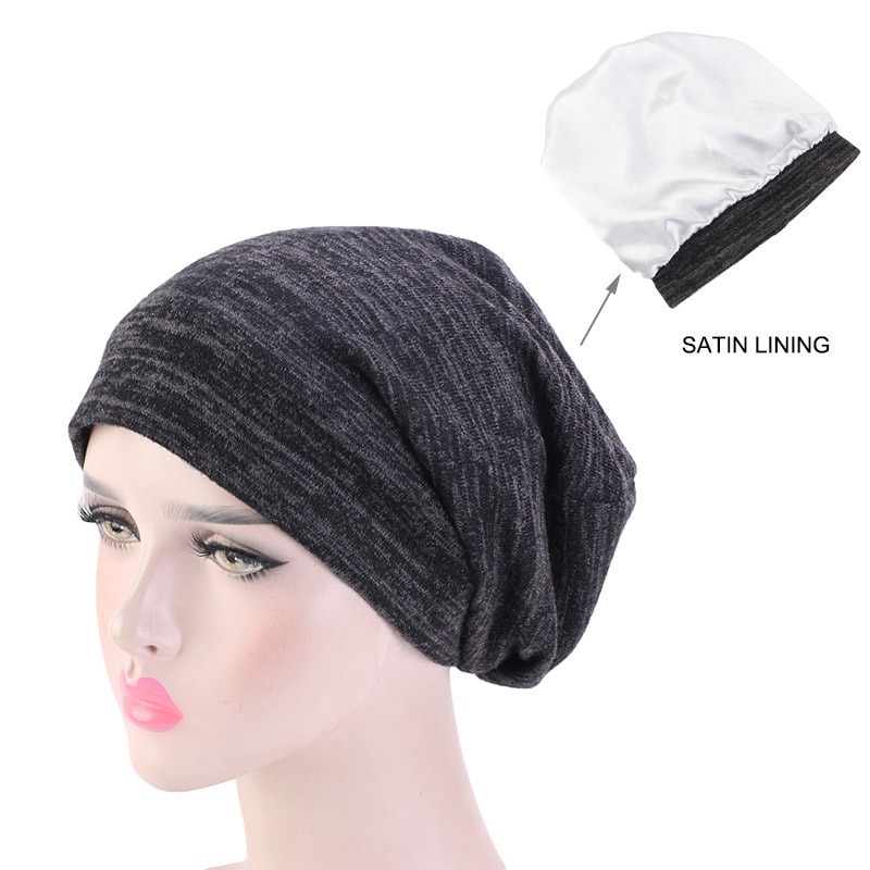 Unisex kvinder mænd ski kemo cap hat turban baggy beanie satin foret nattesøvn kasket hårpleje hue hårtab hat vinter varm: Sort