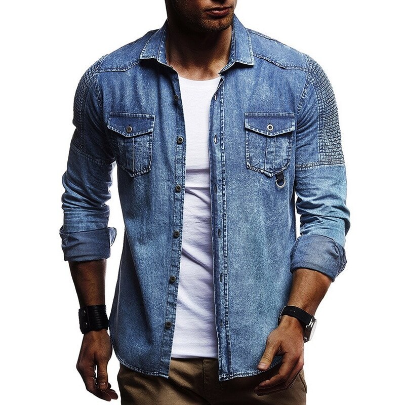 Vintage Denim Shirt Men Slim Fit Streetwear asual – Vicedeal