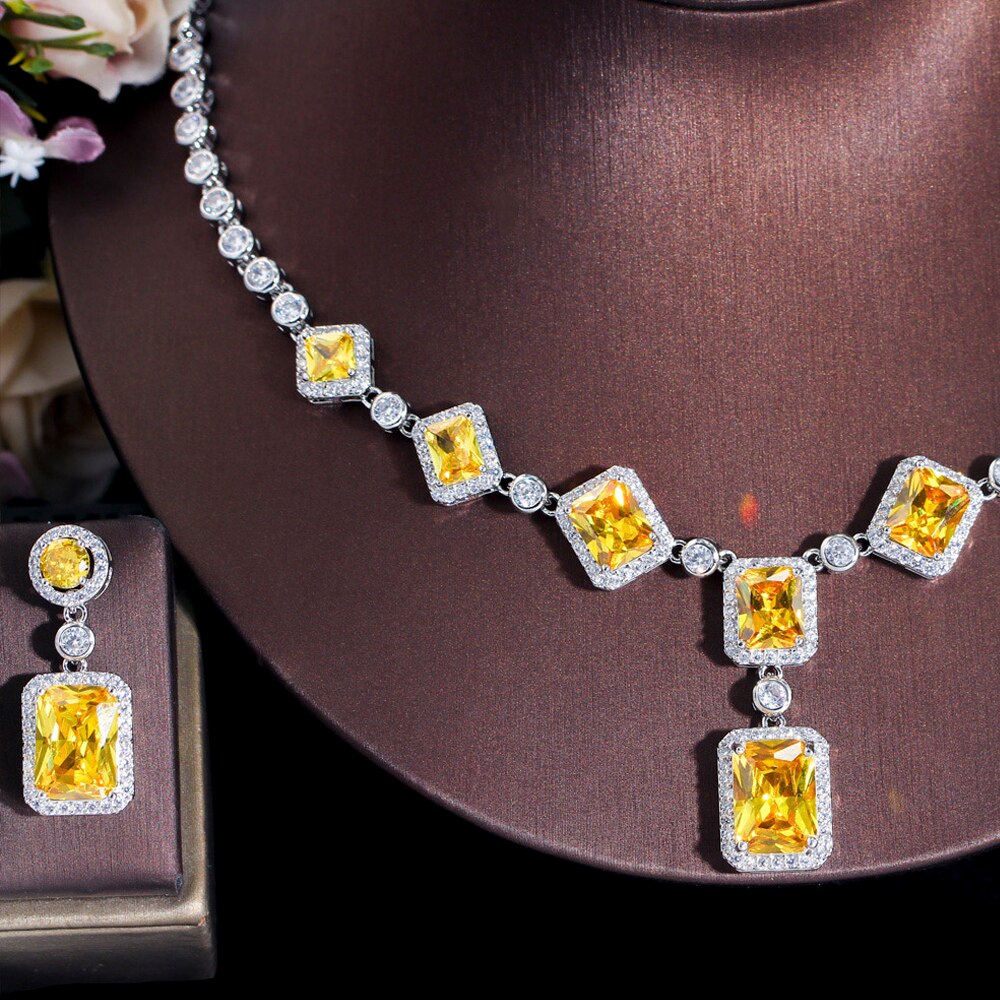 Threegraces Elegante Geel Zirconia Geometrische Plein Oorbellen Ketting Bruids Bruiloft Sieraden Set Voor Vrouwen TZ694